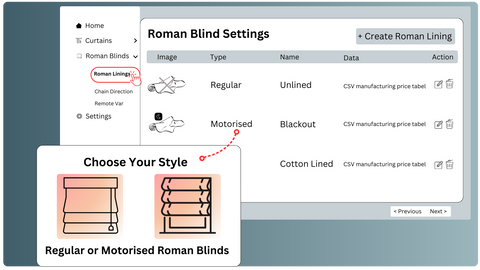 Motorised and regular roman blind options are possible in the plugin