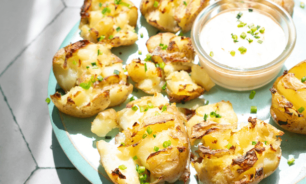 Smashed Potatoes with Egmont Honey Spicy Mayo