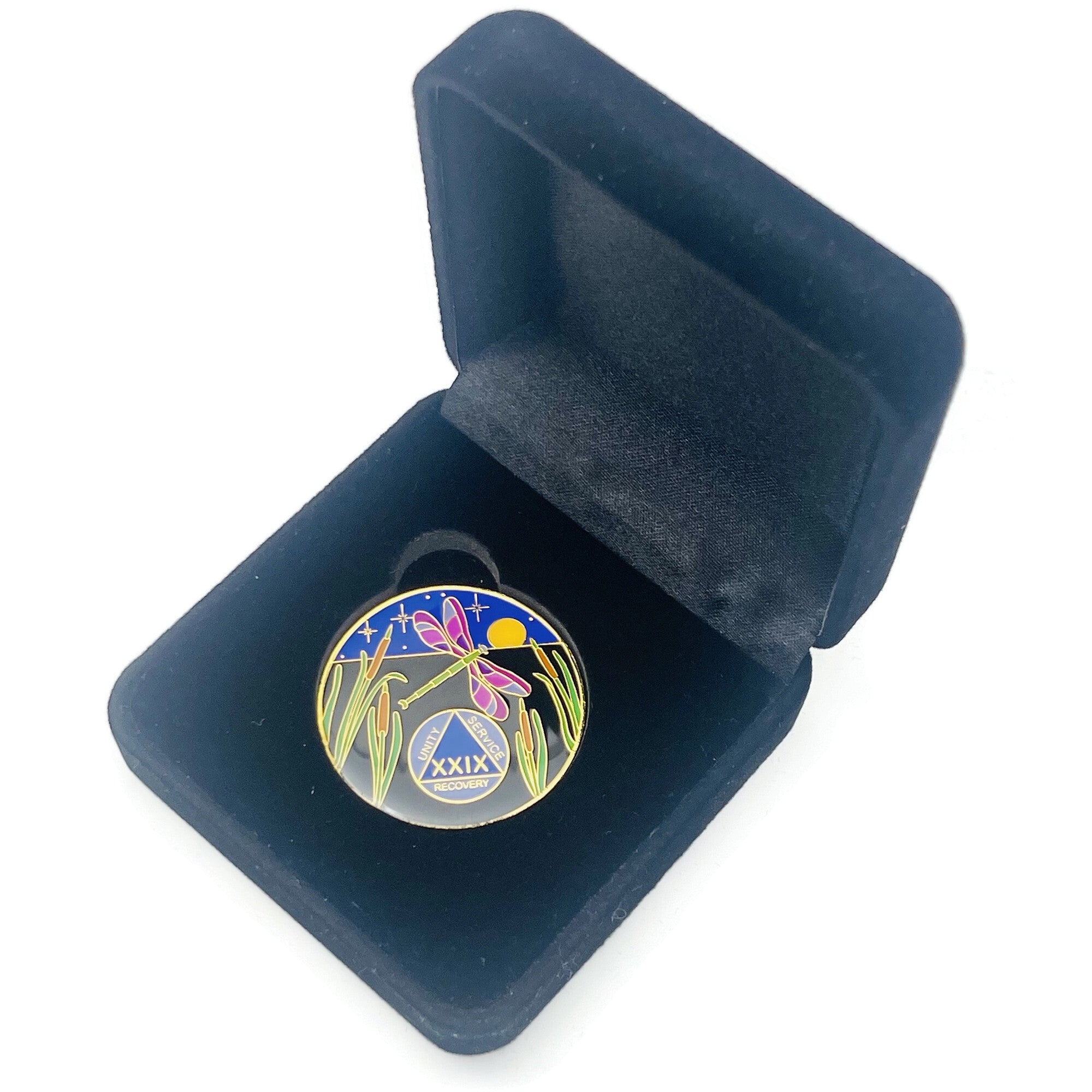 Dragonfly 9th Step 29 Year Specialty AA Recovery Medallion - Tri-Plated Twenty-Nine Year Chip/Coin + Velvet Case