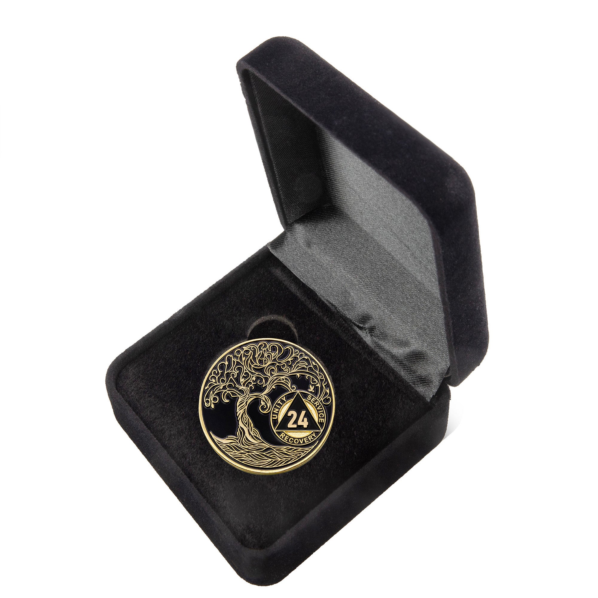 24 Year Sobriety Mint Twisted Tree of Life Gold Plated AA Recovery Medallion - Twenty-Four Year Chip/Coin - Black + Velvet Case