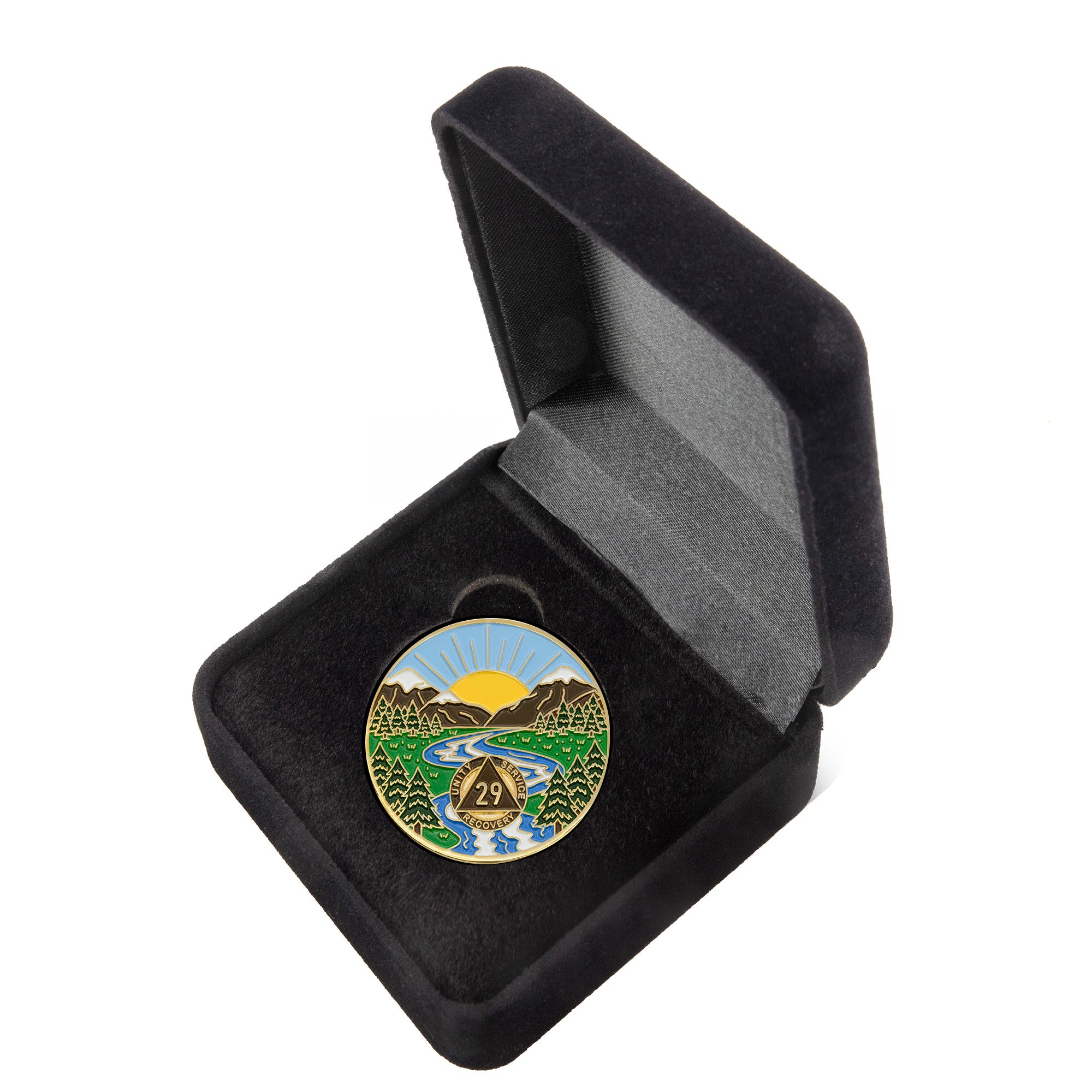 29 Year Sobriety Mint Winding River Gold Plated AA Recovery Medallion - Twenty-Nine Year Chip/Coin + Velvet Box
