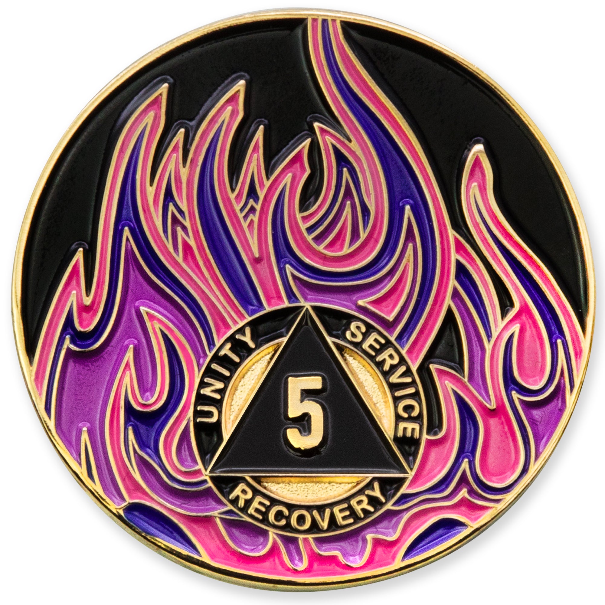 5 Year Sobriety Mint Twisted Flames Gold Plated AA Recovery Medallion - Five Year Chip/Coin - Black/Pink/Purple/Blue