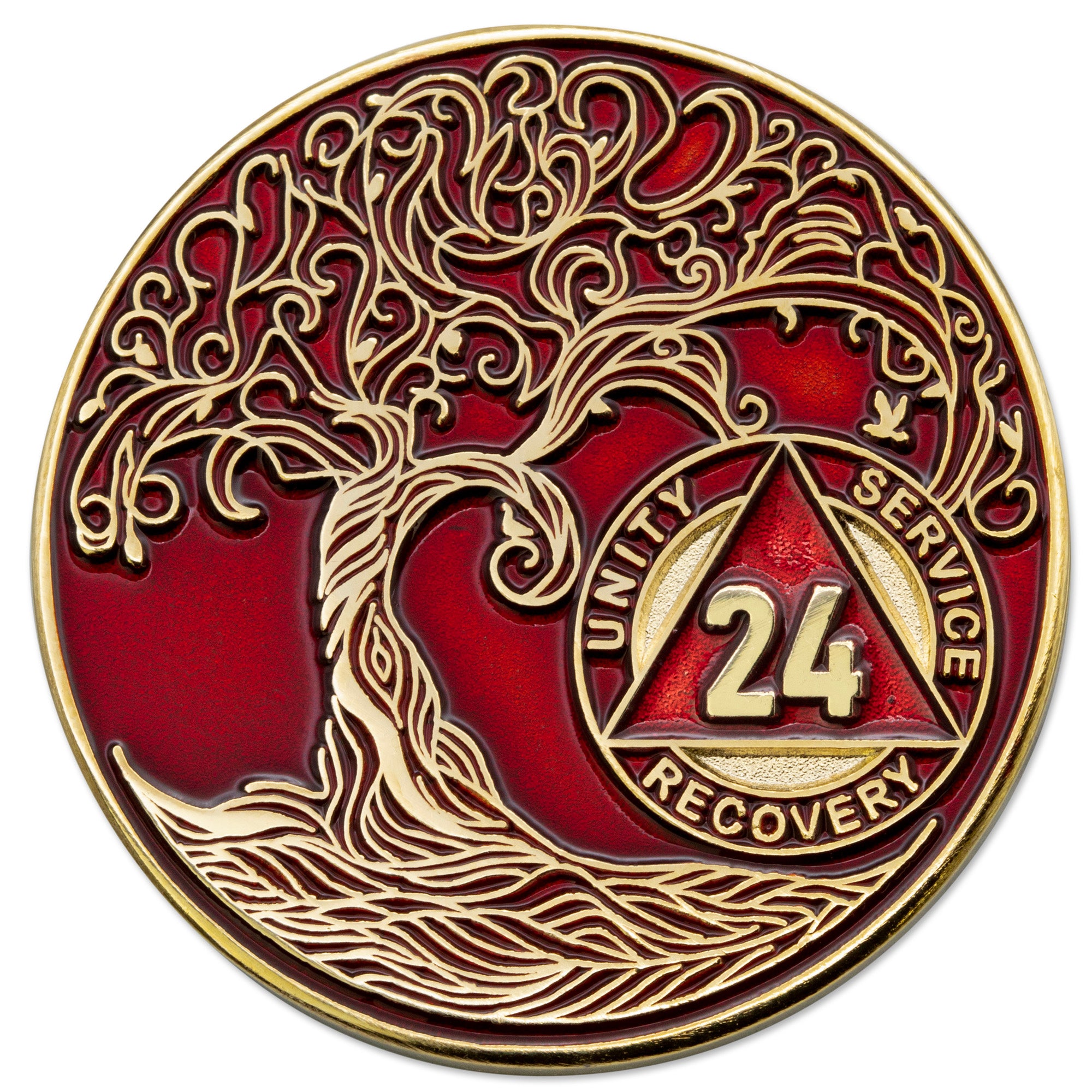 24 Year Sobriety Mint Twisted Tree of Life Gold Plated AA Recovery Medallion - Twenty Four Year Chip/Coin - Red