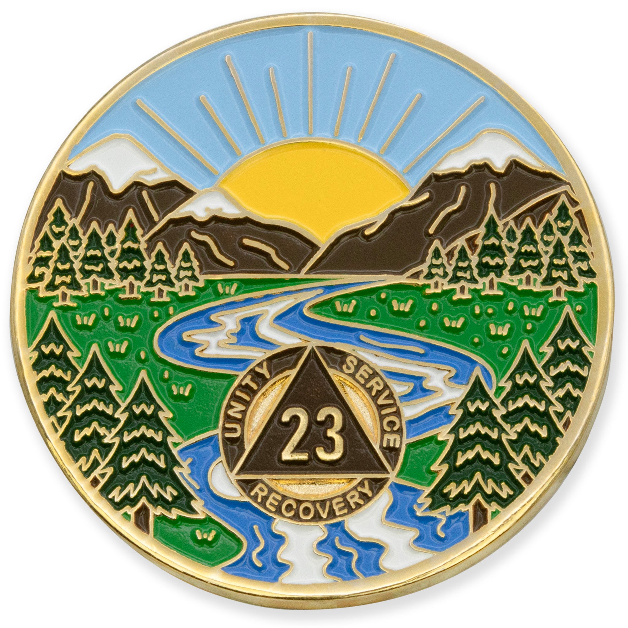 23 Year Sobriety Mint Winding River Gold Plated AA Recovery Medallion - Twenty Three Year Chip/Coin
