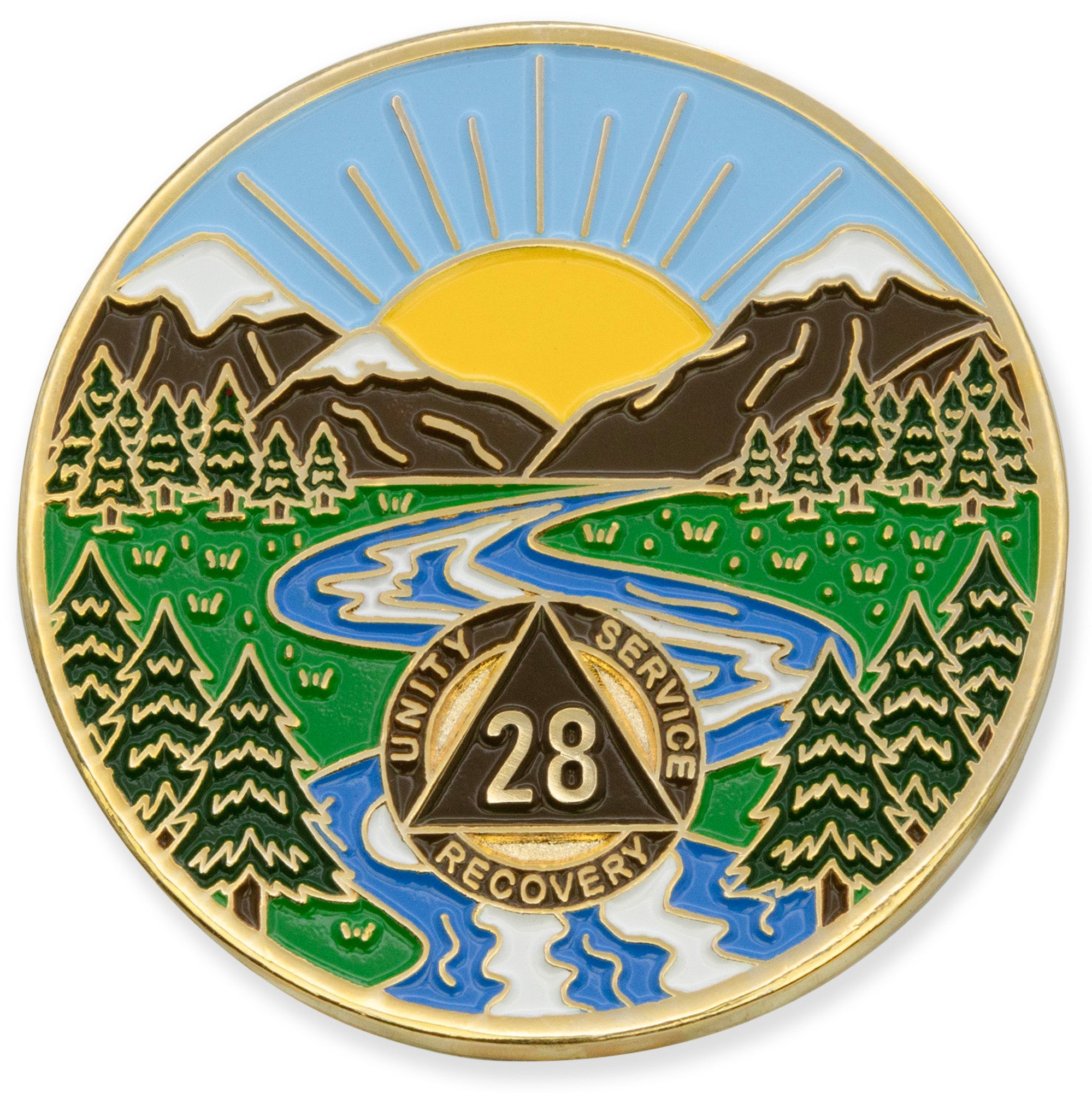 28 Year Sobriety Mint Winding River Gold Plated AA Recovery Medallion - Twenty Eight Year Chip/Coin