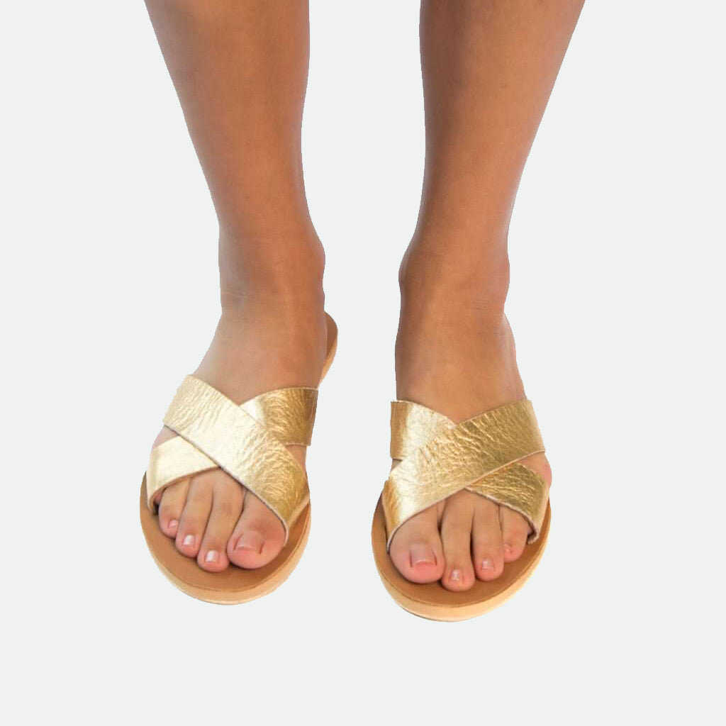 gold crossover sandals