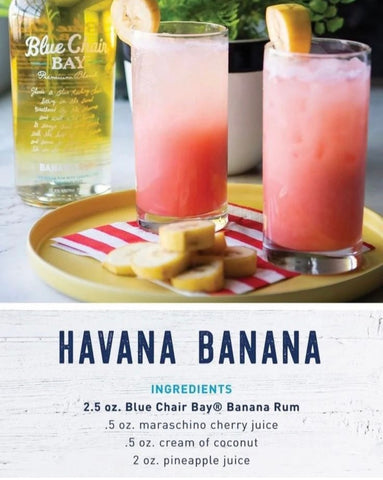 Havana Banana cocktail recipe with a photo of two cocktails 