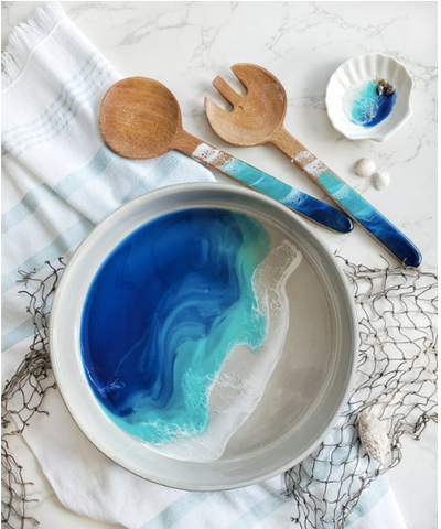 Ceramic serving bowl and wooden spoons with resin blue ocean wave art