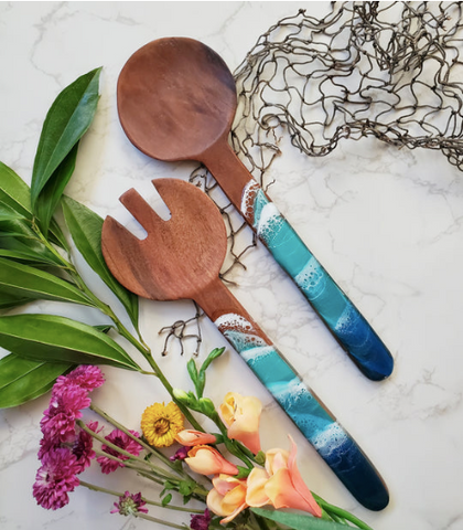 Wooden spoons with resin blue ocean wave art