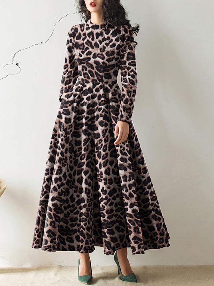 Leopard Print Waist Long Sleeve Maxi Dress SKUI73481