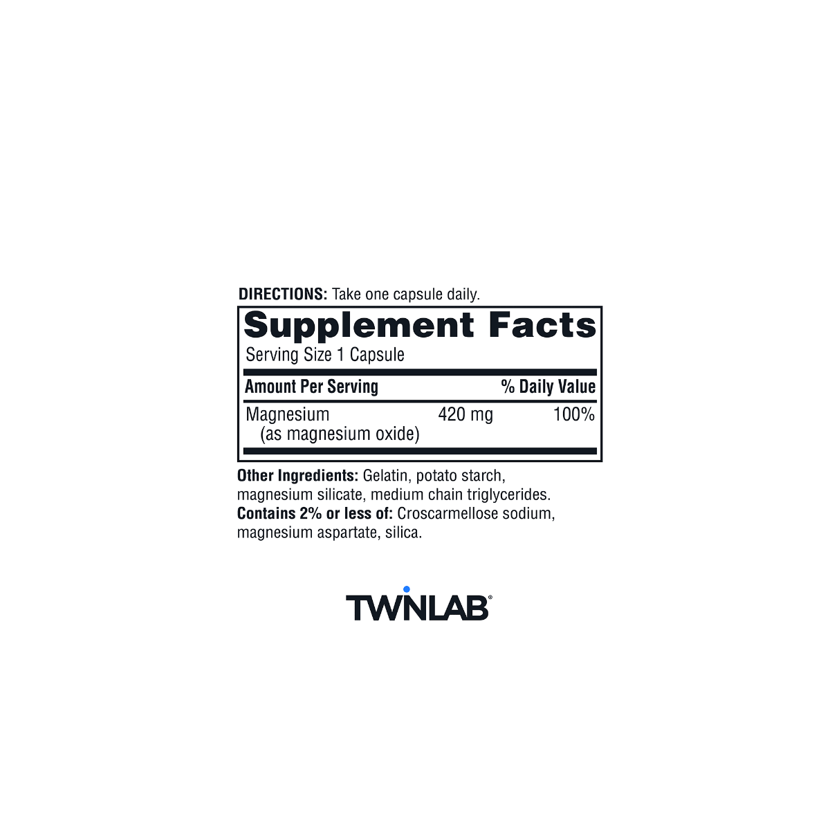 Supplement facts for Twinlab® Magnesium Caps.