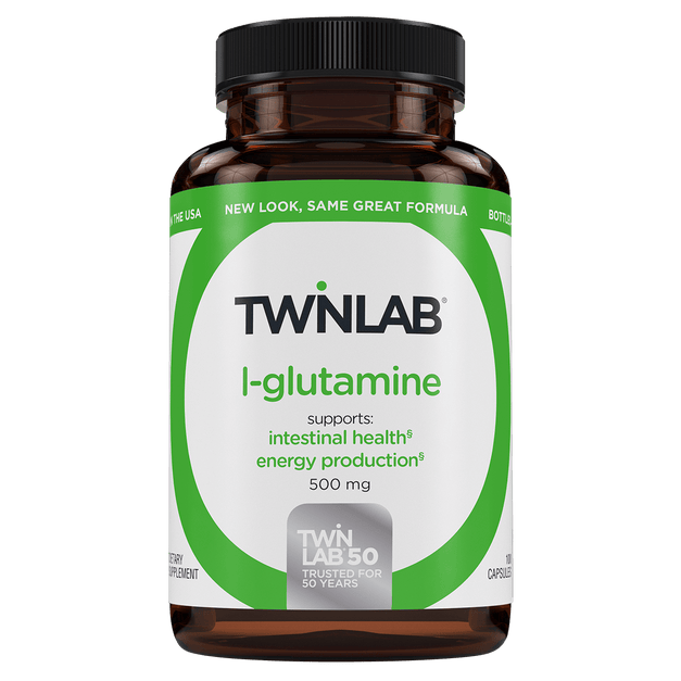 Twinlab L-Glutamine delivers 500 mg of the free form amino acid l-glutamine that supports intestinal health and energy production.