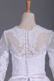 2021 3/4 Length Sleeve Bateau Wedding Dresses Tulle With Applique Court Train