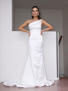 Sheath/Column Satin One-Shoulder Ruched Sleeveless Sweep/Brush Train Wedding Dresses TPP0006065