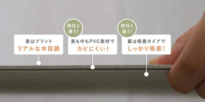 表はリアルな木目調プリント、表も中もPVC素材でカビにくい、裏は吸着タイプでしっかり吸着