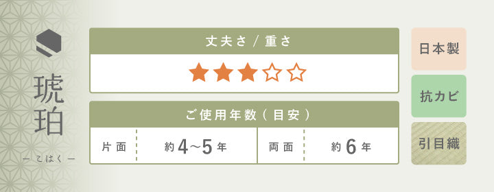 い草上敷き 琥珀 丈夫さ：★★★　ご使用年数目安：片面 約4～5年、両面 約6年