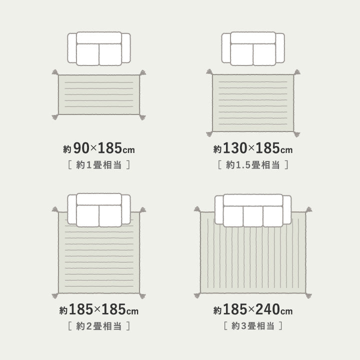 約90×185cm、約130×185cm、約185×185cm、約185×240cmの4サイズ