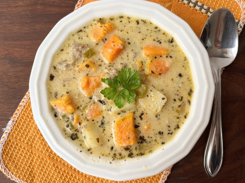 Creamy Sweet Potato Soup with Grassfed Beef Sausage