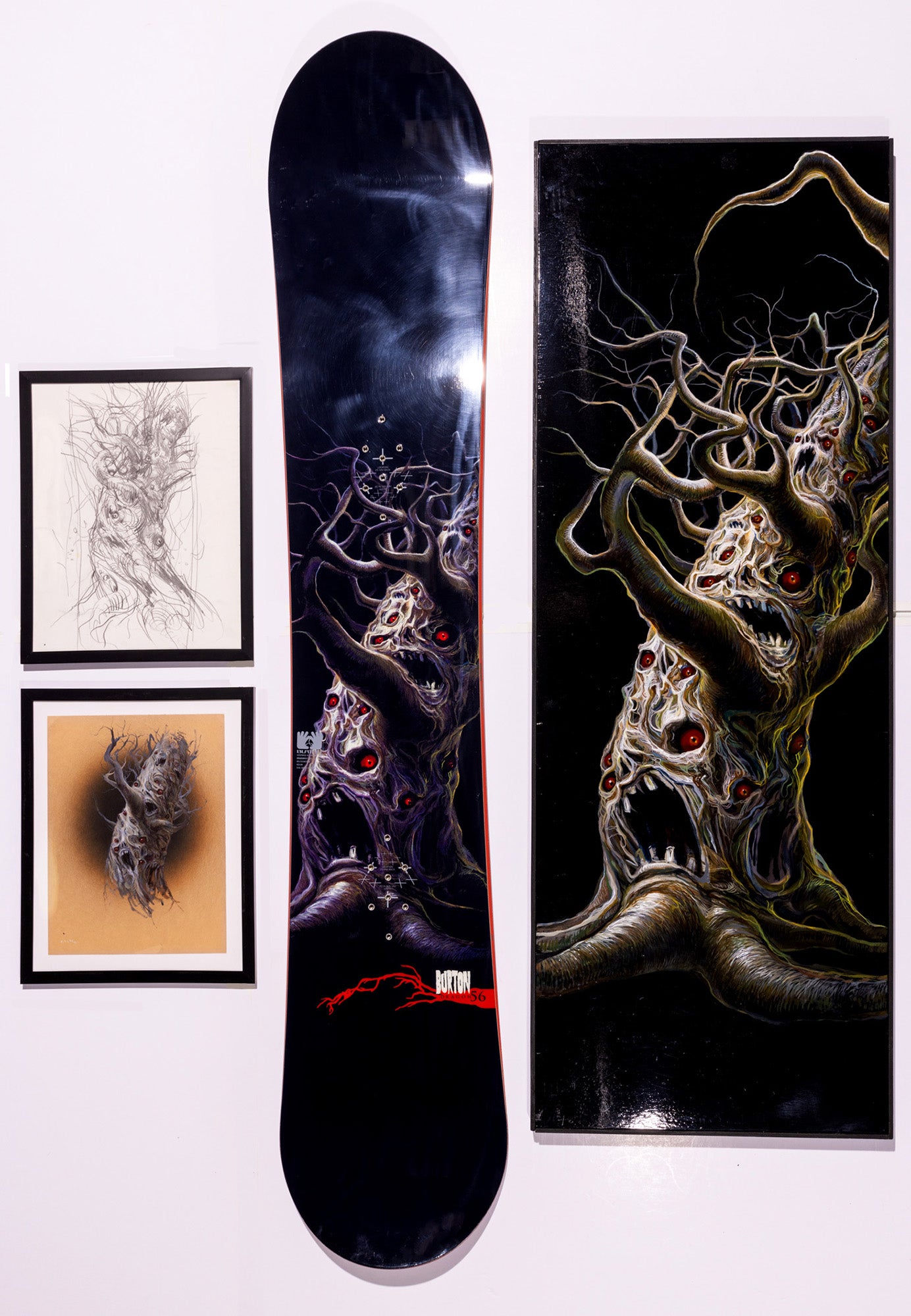 Dragon Series #3, "Tree" ca 2000 with acrylic panel signed on bottom, 2-sketches and new unridden snowboard