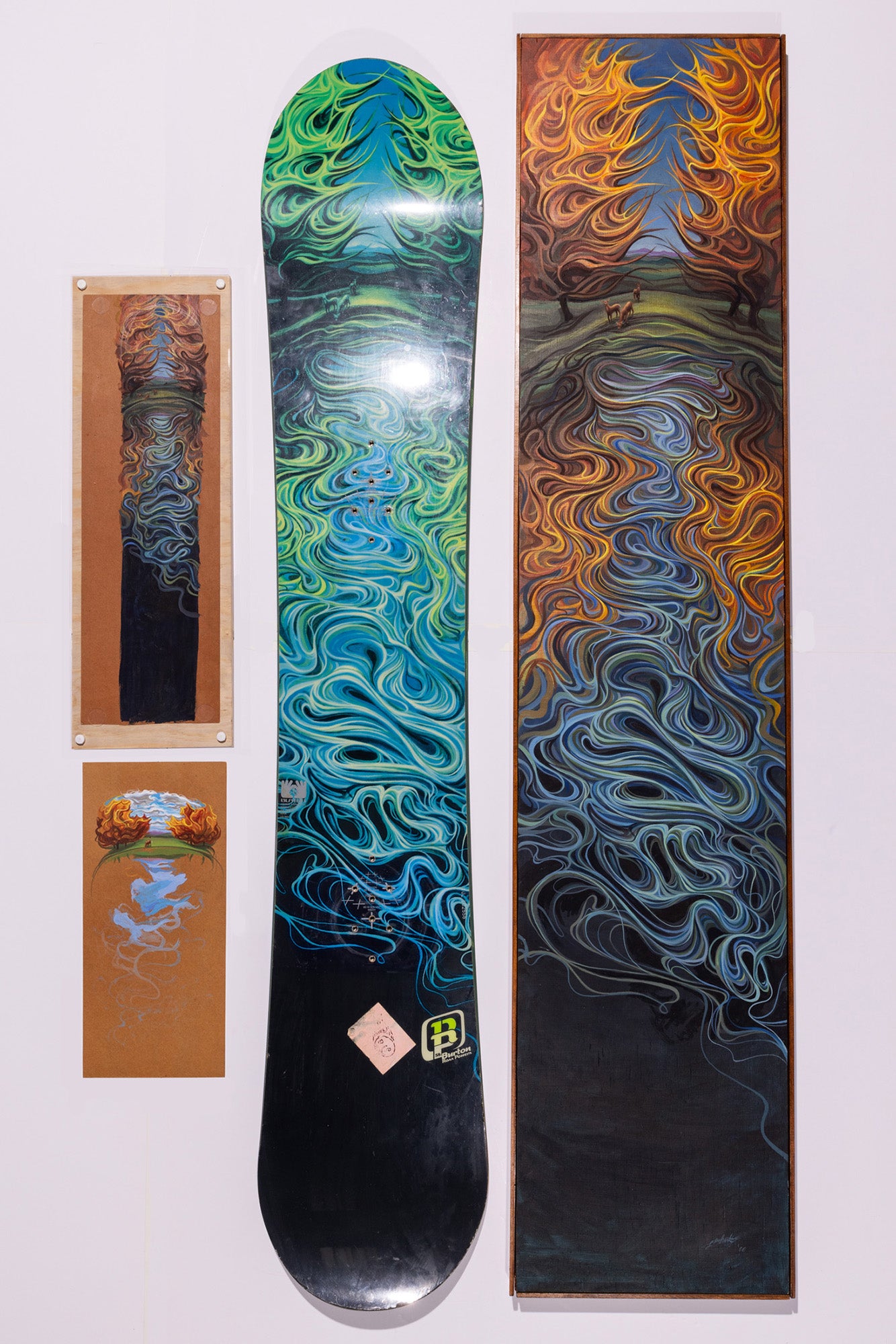 Scott Lenhardt, Ross Powers # 1 snowboard designed for Burton in 2001, {ridden by the artist} plus 2-acrylic on paper -sketches and an acrylic on wood panel signed on the bottom.