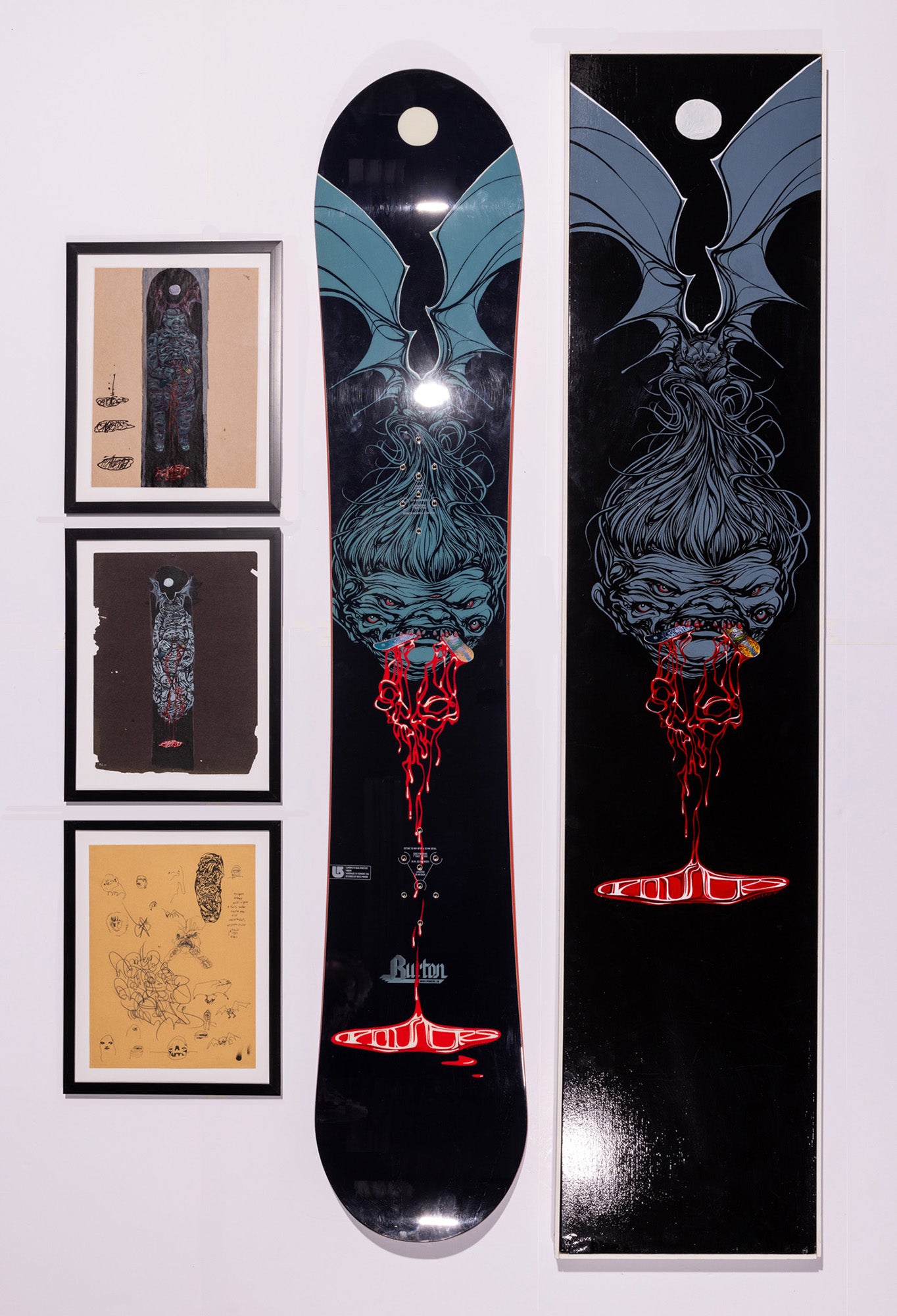Scott Lenhardt, Ross Powers # 2, ca 2002 plus 3-acrylic on paper, and ink on paper frmed sketches and an acrylic on wood panel signed on the bottom as well as a new unridden 158 "Severed Head" board
