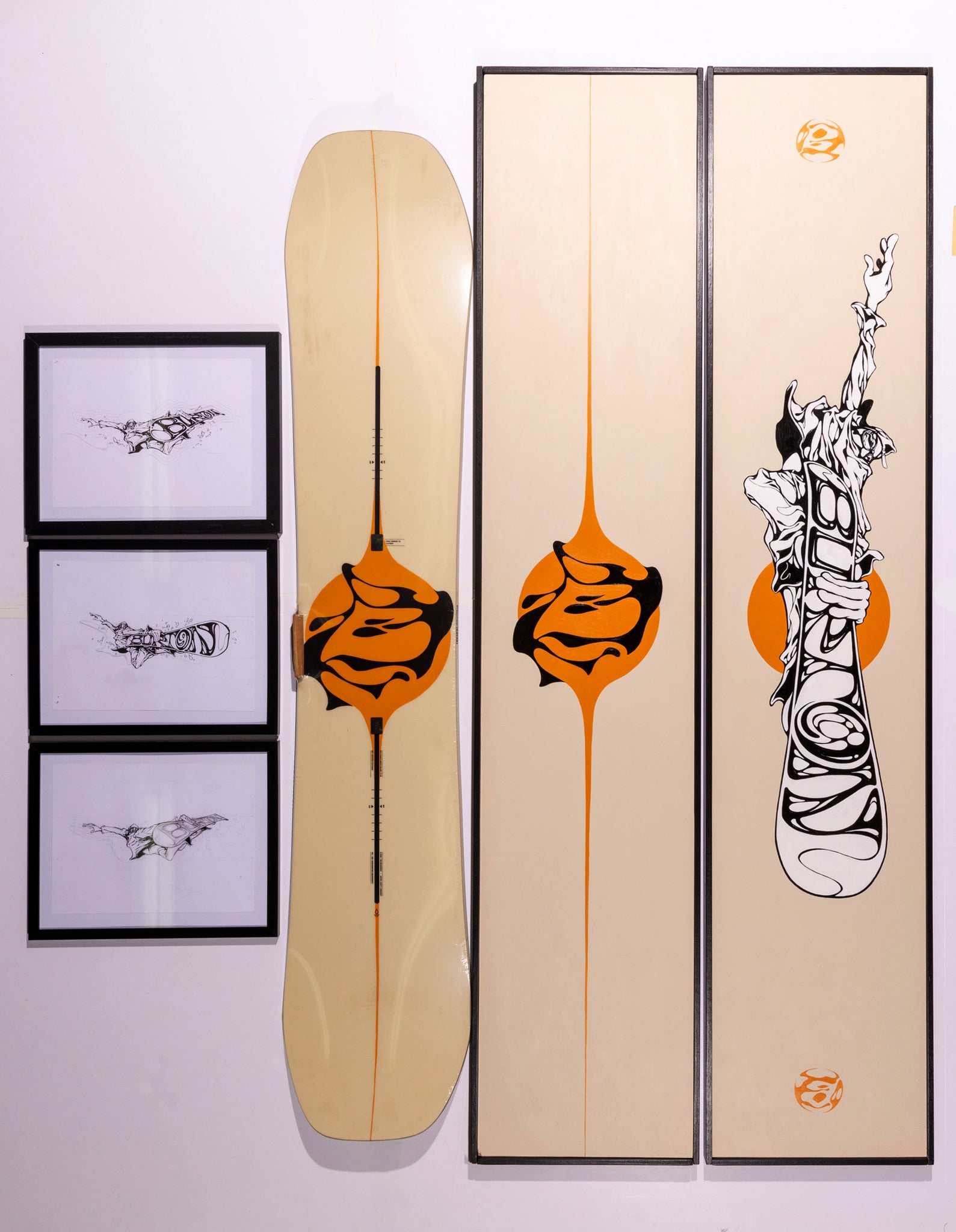 Scott Lenhardt- 6- piece lot,Danny Davis 22 Free Thinker,including 2-acrylic panels, 3- framed ink on paper sketches and 1- new unridden snowboard