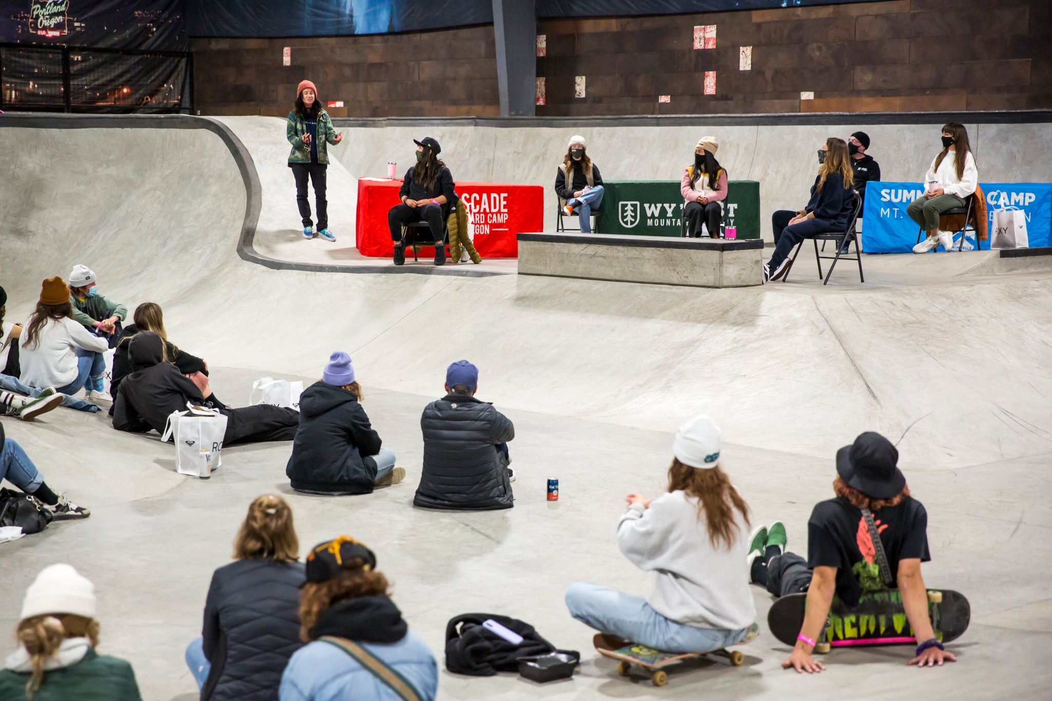 IT'S TITS! attendees gathered (following all COVID regulations) in BOB, the indoor skatepark at High Cascade for the first-ever Pitch Sessions panel discussion. // p: Ashley Rosemeyer