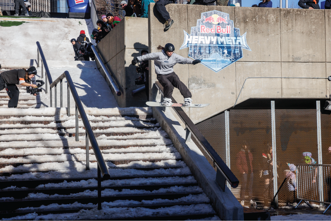 Brantley Mullins boardslides a rail at Hart Plaza in Detroit at Red Bull Heavy Metal 2023 // p: Emily Tidwell