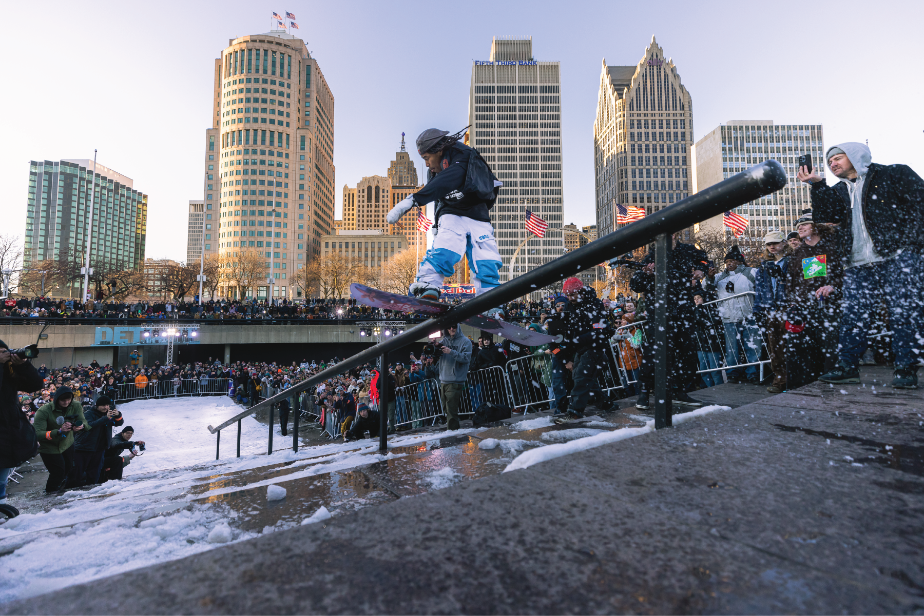 Zeb Powell backslides a rail at Hart Plaza in Detroit at Red Bull Heavy Metal 2023 // p: Joe Gall