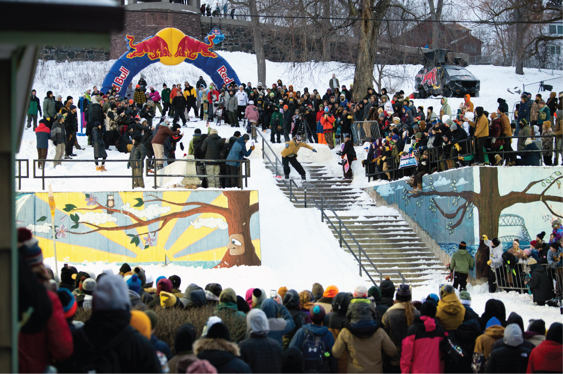 Benny Milam slides down a kink rail at Duluth's Cascade Park at Red Bull Heavy Metal 2022 // p:  Mark Clavin