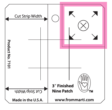 Use the upper right square to fussy-cut one square for this size Nine Patch block.