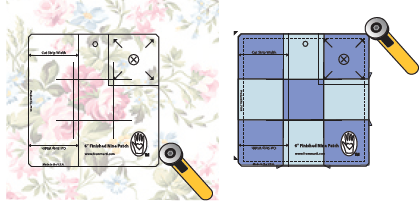 Use outside edge to true up block and nip corners and to position the template for fussy-cutting a square the size of your Nine Patch.