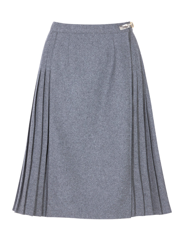 Pleated Woolen Skirt with Genuine Exotic Leather Straps