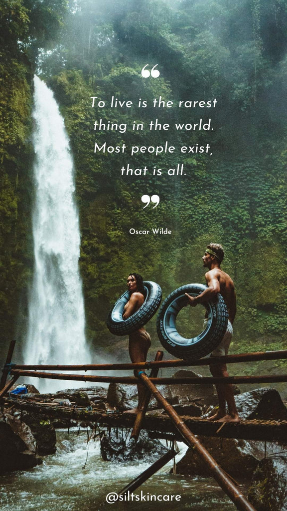 Inspirational travel quote To live is the rarest thing in the world. Most people exist, that is all. Oscare wilde adventure couple tropical waterfall tubes