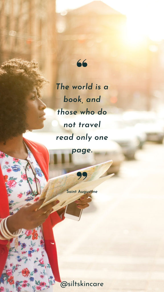 inspirational travel quote woman holds map in europe
