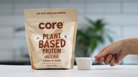 Plant based protein powder by CORE and powder scoop