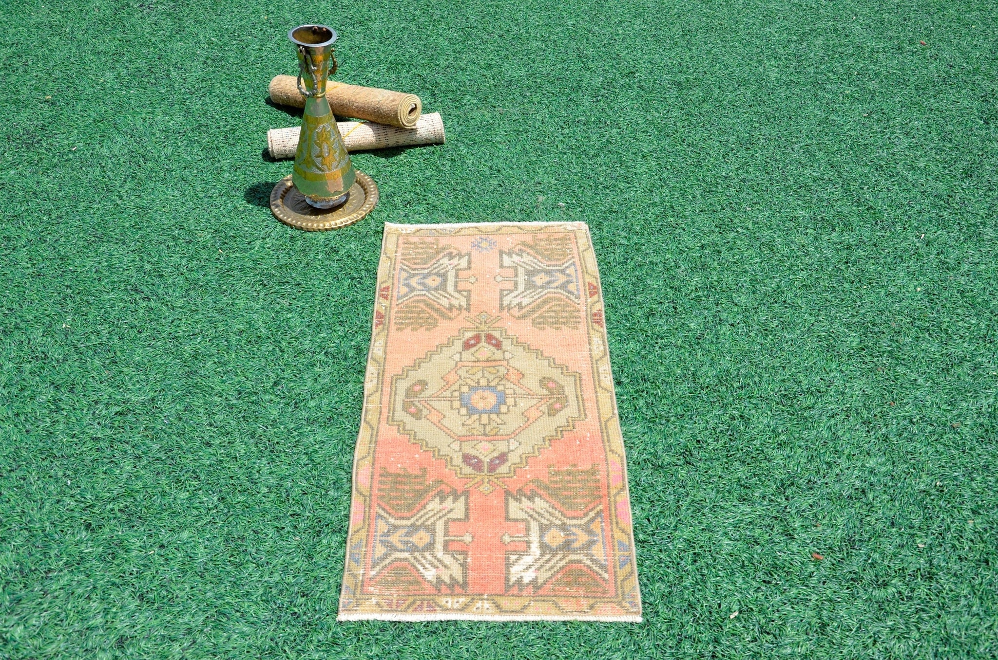 Natural Turkish Vintage small area rug doormat for home decor, bathroom rug, area oushak rug bathroom mat kitchen rug kilim rug, rug 3.4X1.6, 665955