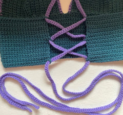 crochet teal and purple criss-cross bralette crop top