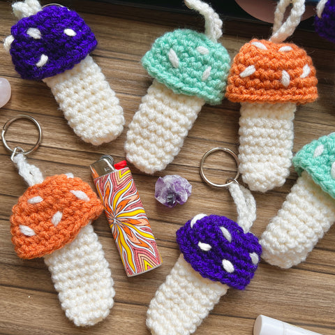 crochet mushroom keychain holder for crystals, lighters