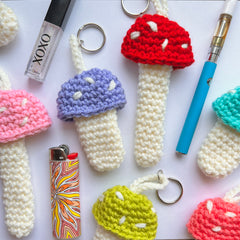 crochet mushroom keychains for holding chapstick, lighters, vape pens, dab carts
