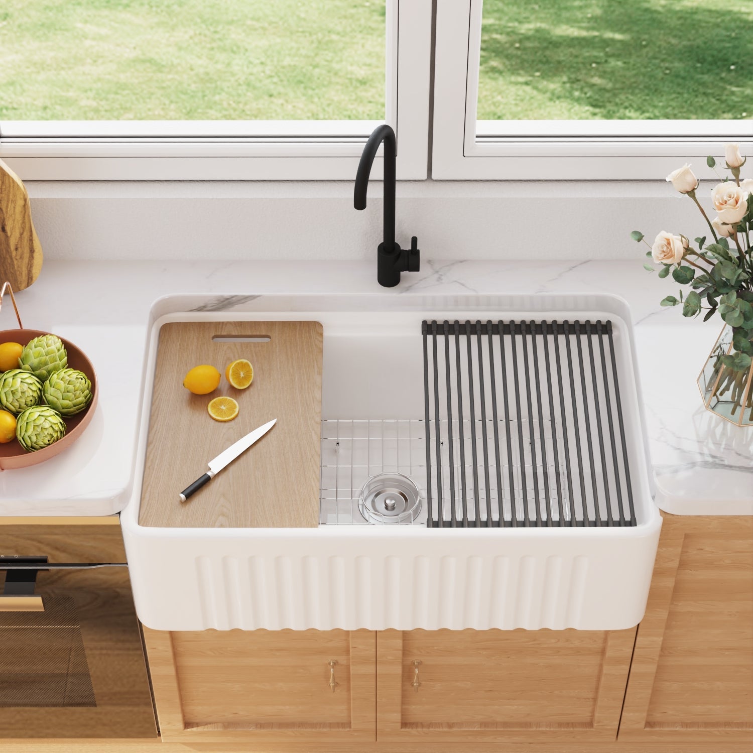 33" L X 20" W Rectangular Workstation Farmhouse Kitchen Sink, Easy-Cleaning
