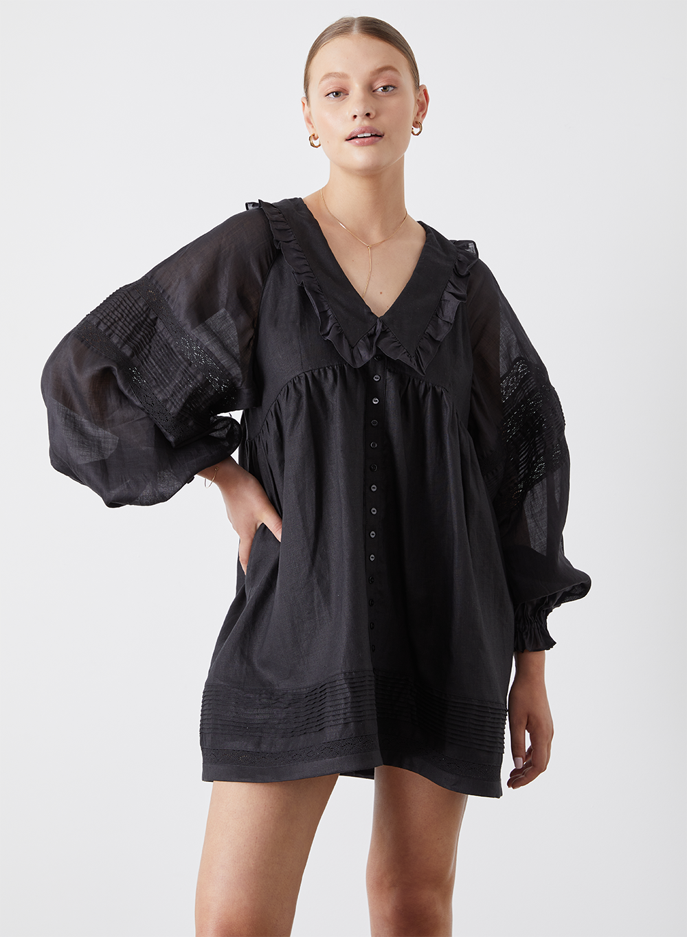 JOSLIN Jocelyn Linen Ramie Smock Dress in Black | ALIS