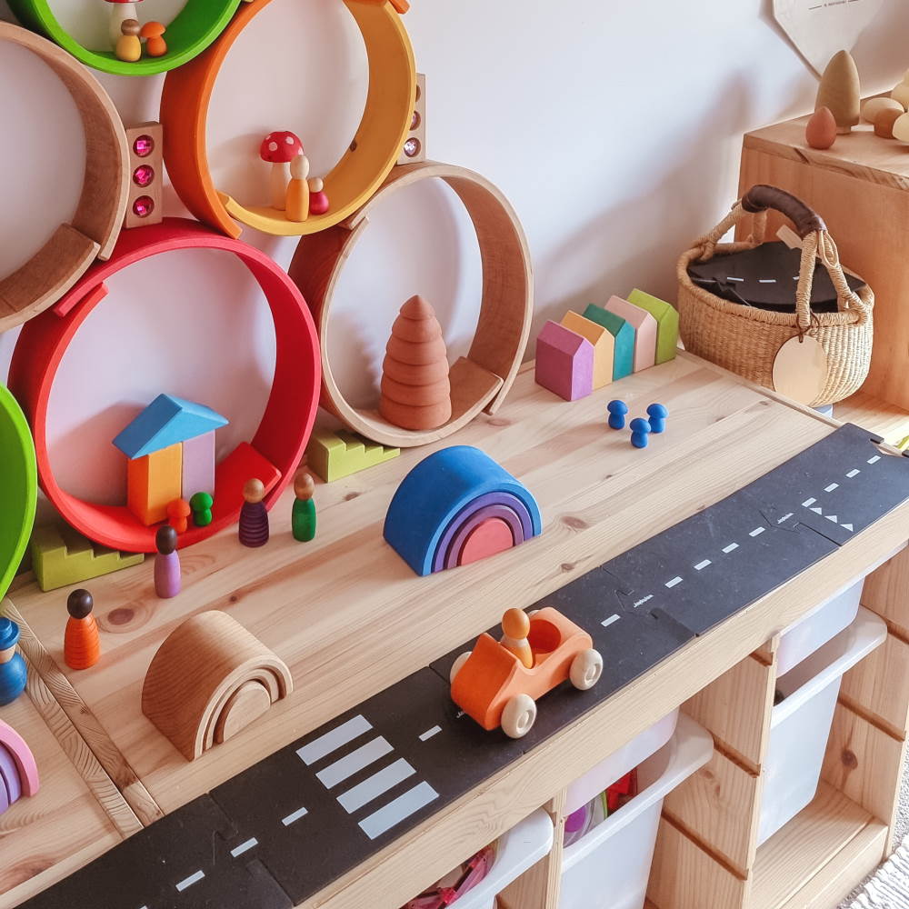 Waytoplay road tracks & Grimm's Convertible Car wooden toys copyright Tonille Barnhill for Milk Tooth