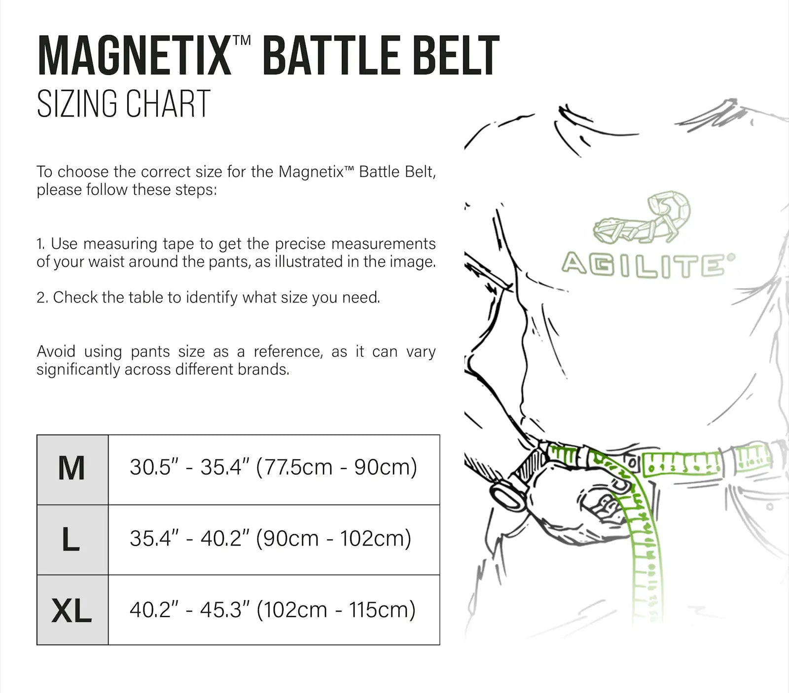 Magnetix-Kampfgürtel-Größentabelle