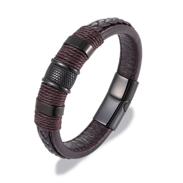Multilayer Braided Leather Bracelet With Titanium Steel Fastening