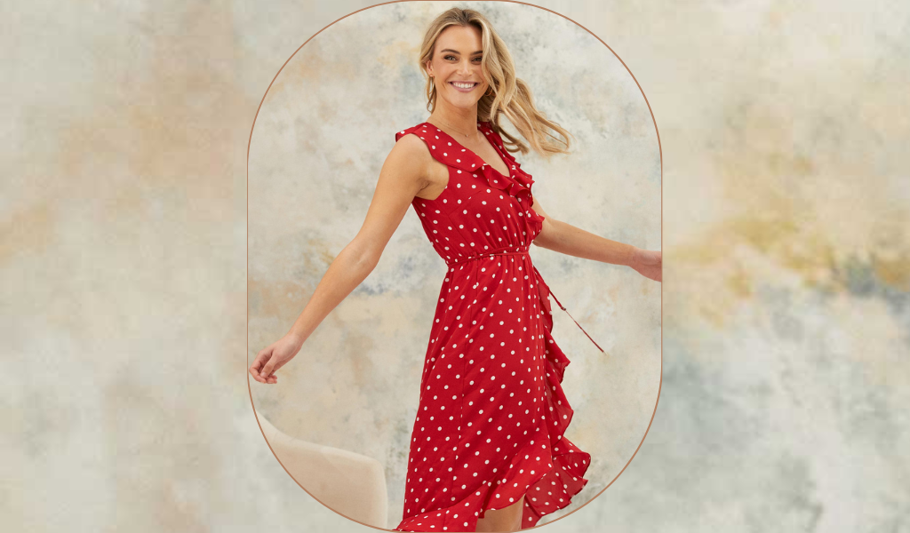 Pictured: A Model mid spin in the Matisse Spot Dress by Stella Clothing. 