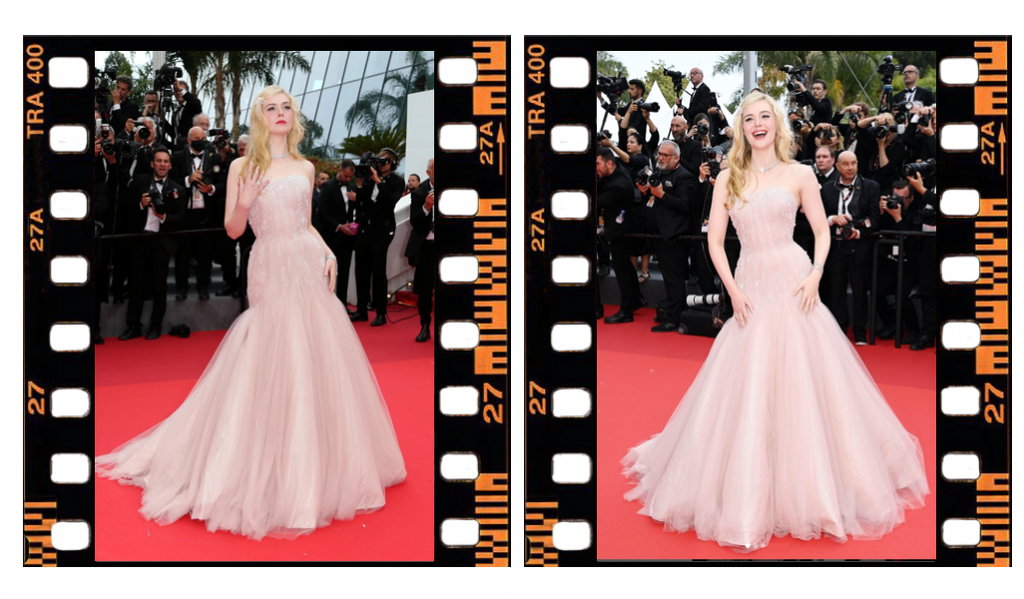 Actress Elle Fanning is posing for the cameras on the Cannes red carpet wearing a crystal embellished Armani Prive tulle dress 
