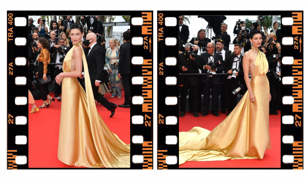 Model Grace Elizabeth stands on the Cannes red carpet in a silk gold gown