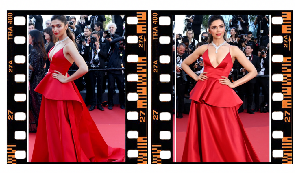 Actress and Cannes film festival chair poses for the cameras on the red carpet in a bright red dress with plunge neckline