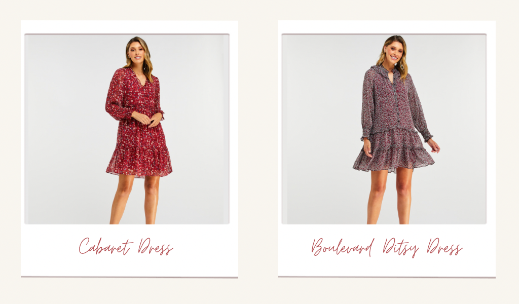 Pictured: Left image features a blonde haired model standing wearing the Cabaret Dress, which is a long-sleeved thigh length red dress that has a white, red and blue floral print. The right image features the same model, wearing the Boulevard Ditsy Dress which is a long-sleeved thigh length dress that is made up of a red, white and black floral print.